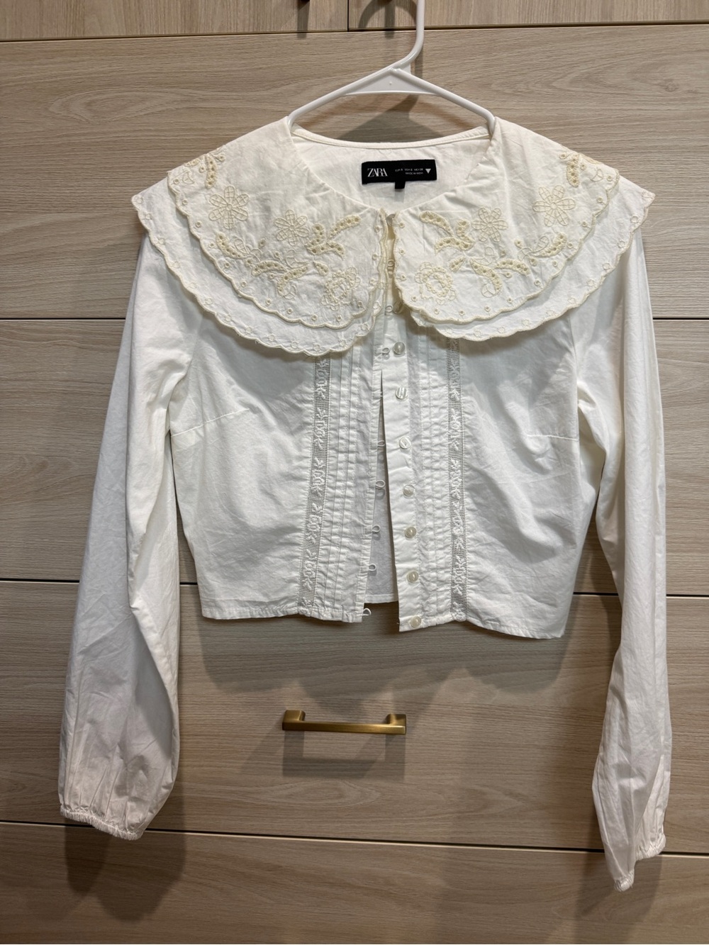 Zara Cream Embroidered Peter Pan Collar Cropped Jacket